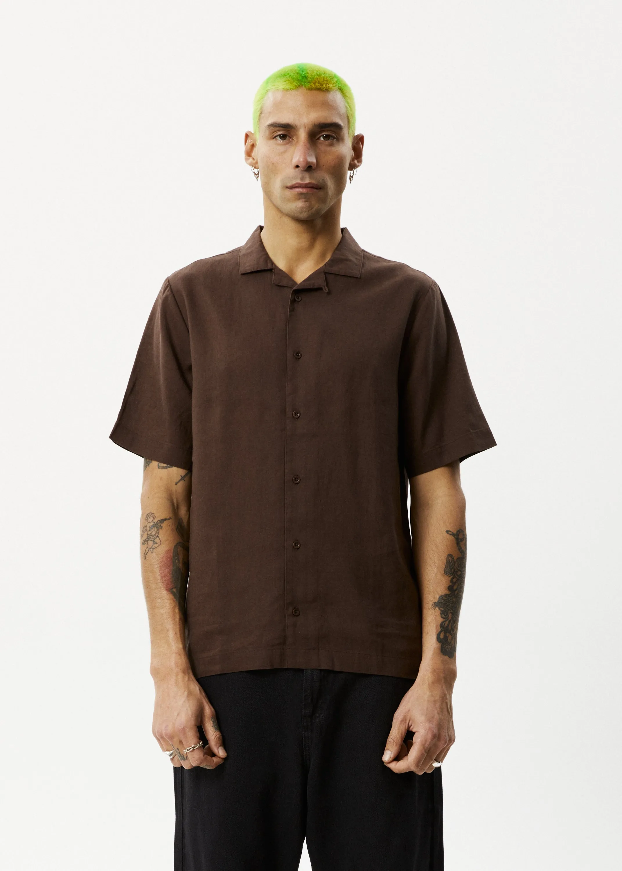 AFENDS Mens Daily - Cuban Shorts Sleeve Shirt - Coffee