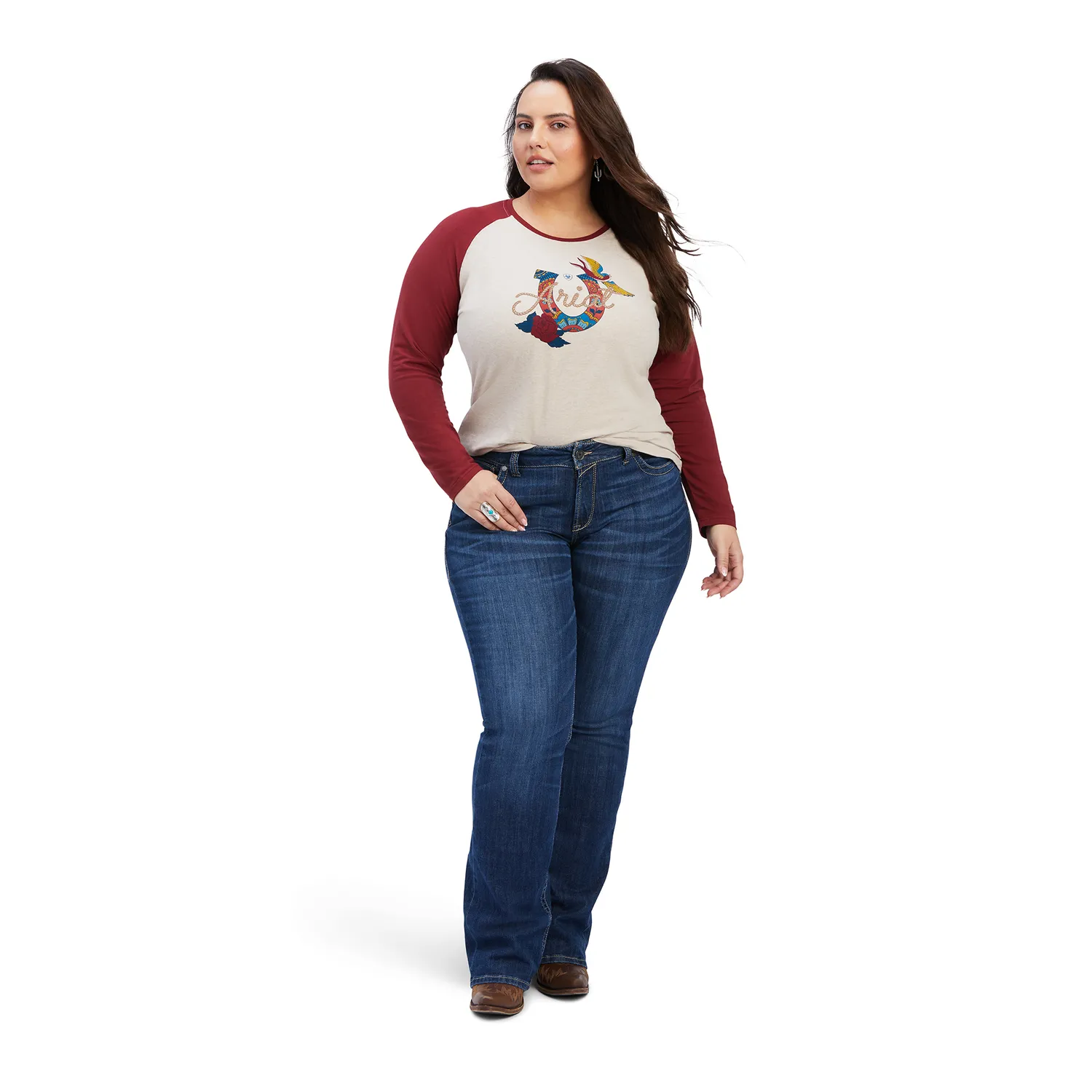 Ariat Womens REAL Ropey Rose LS Shirt - Oatmeal Heather/Rouge Red