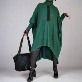 Asymmetrical Knitted Pullover Green Dress with Turtleneck