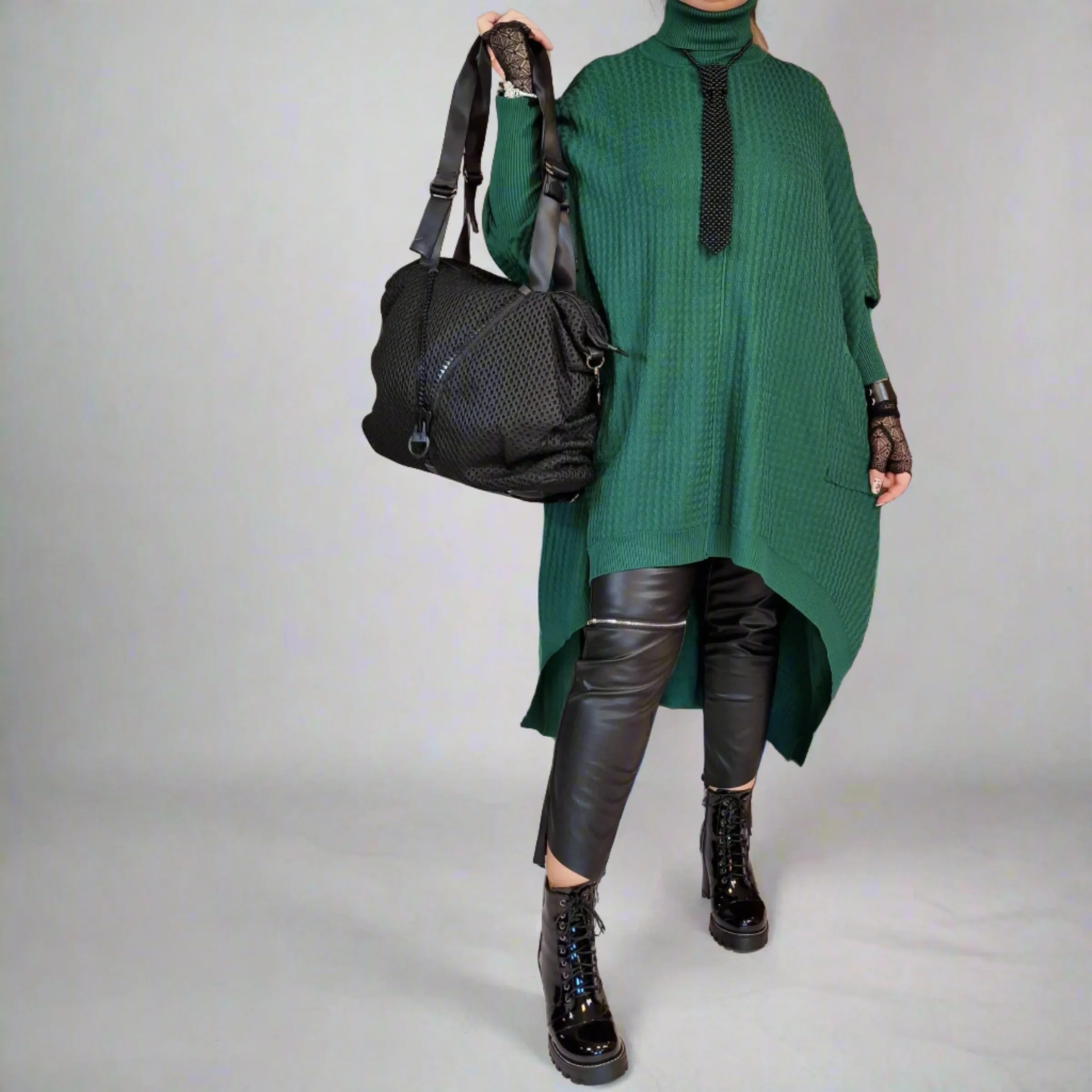 Asymmetrical Knitted Pullover Green Dress with Turtleneck