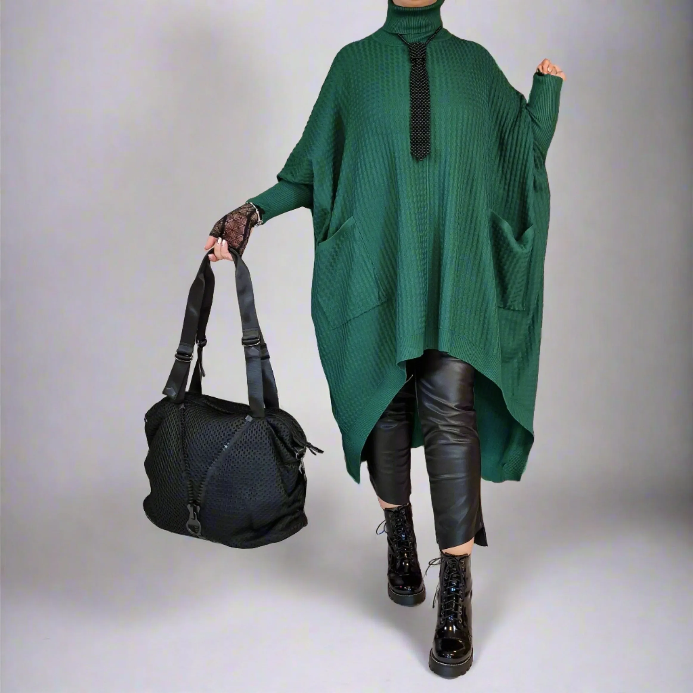 Asymmetrical Knitted Pullover Green Dress with Turtleneck