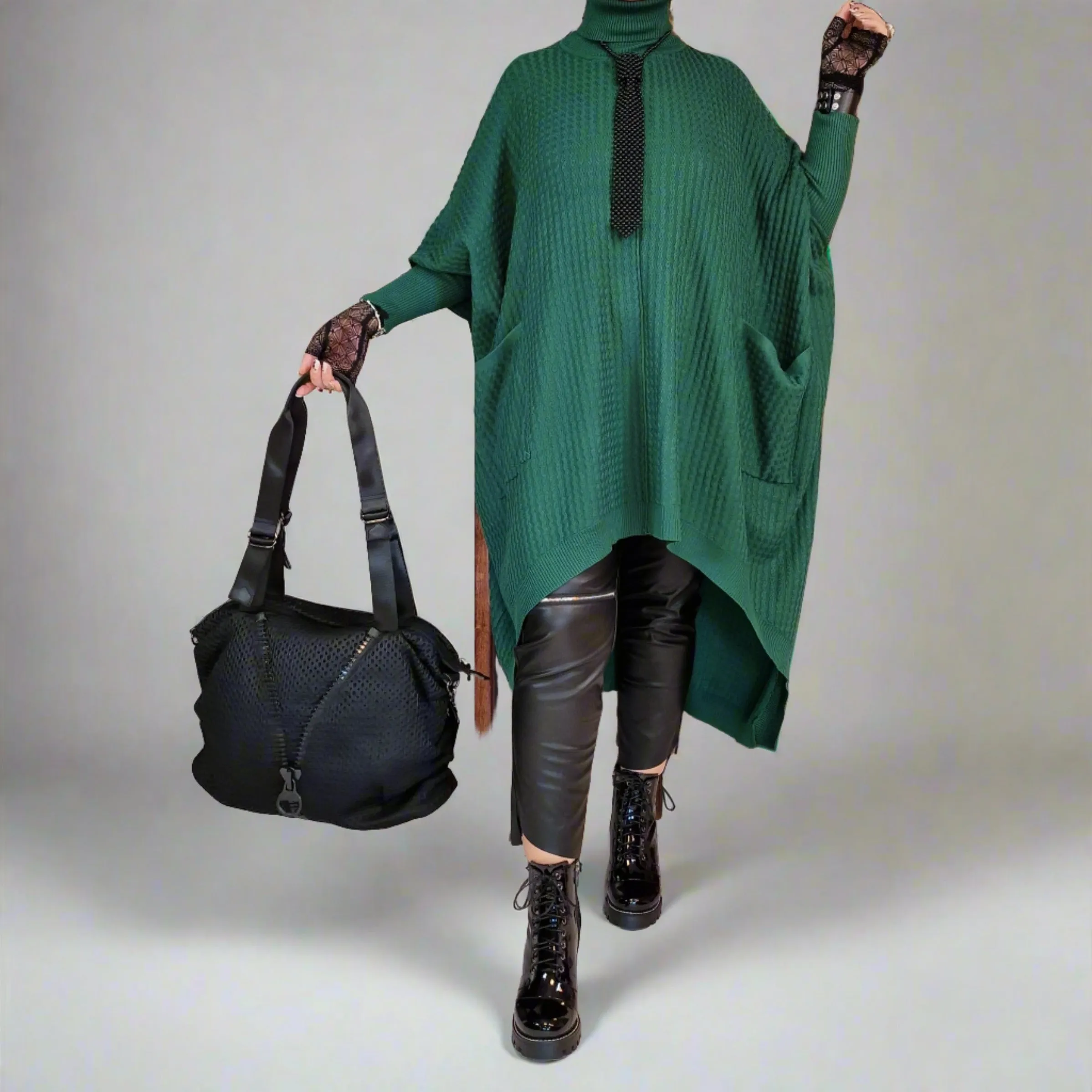 Asymmetrical Knitted Pullover Green Dress with Turtleneck