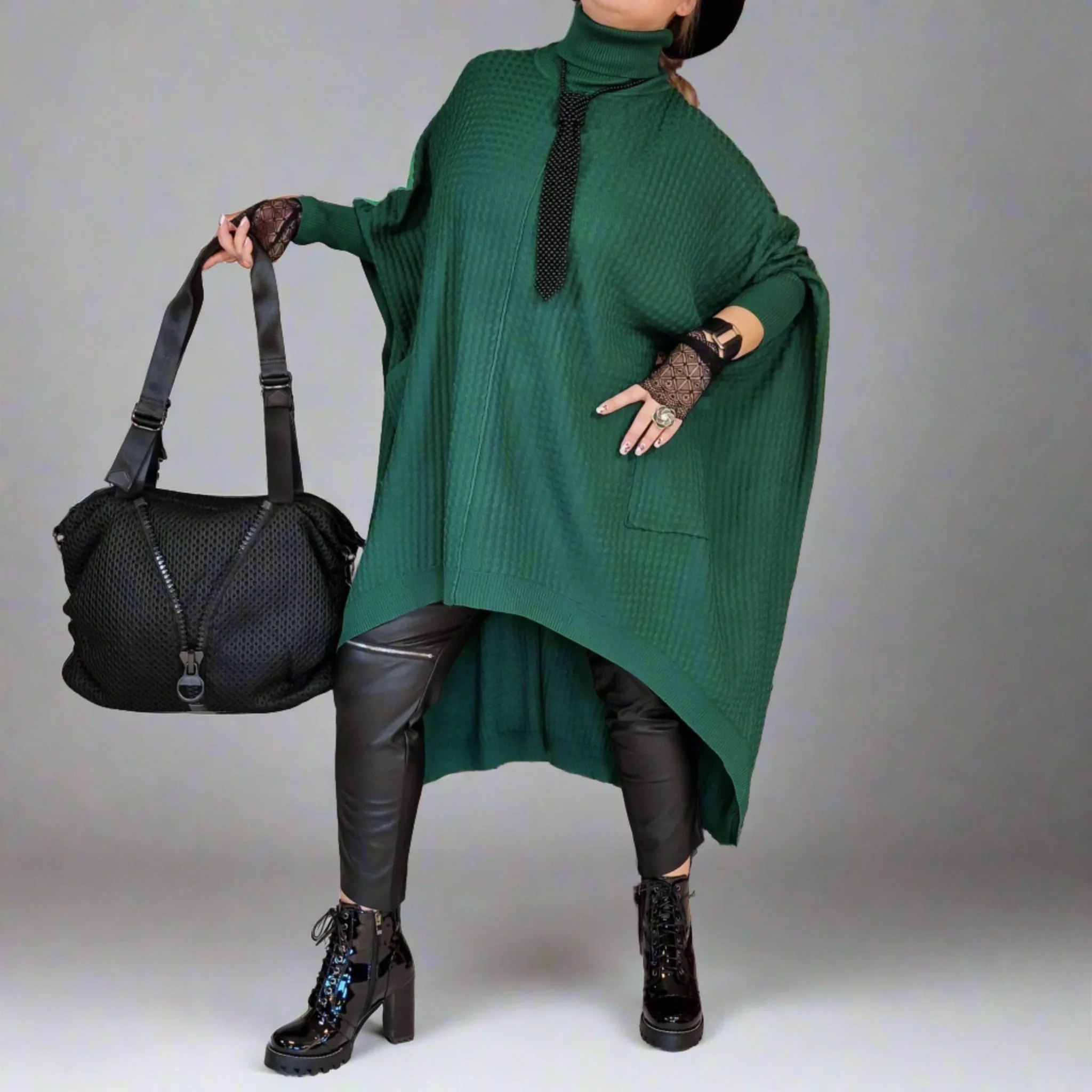 Asymmetrical Knitted Pullover Green Dress with Turtleneck