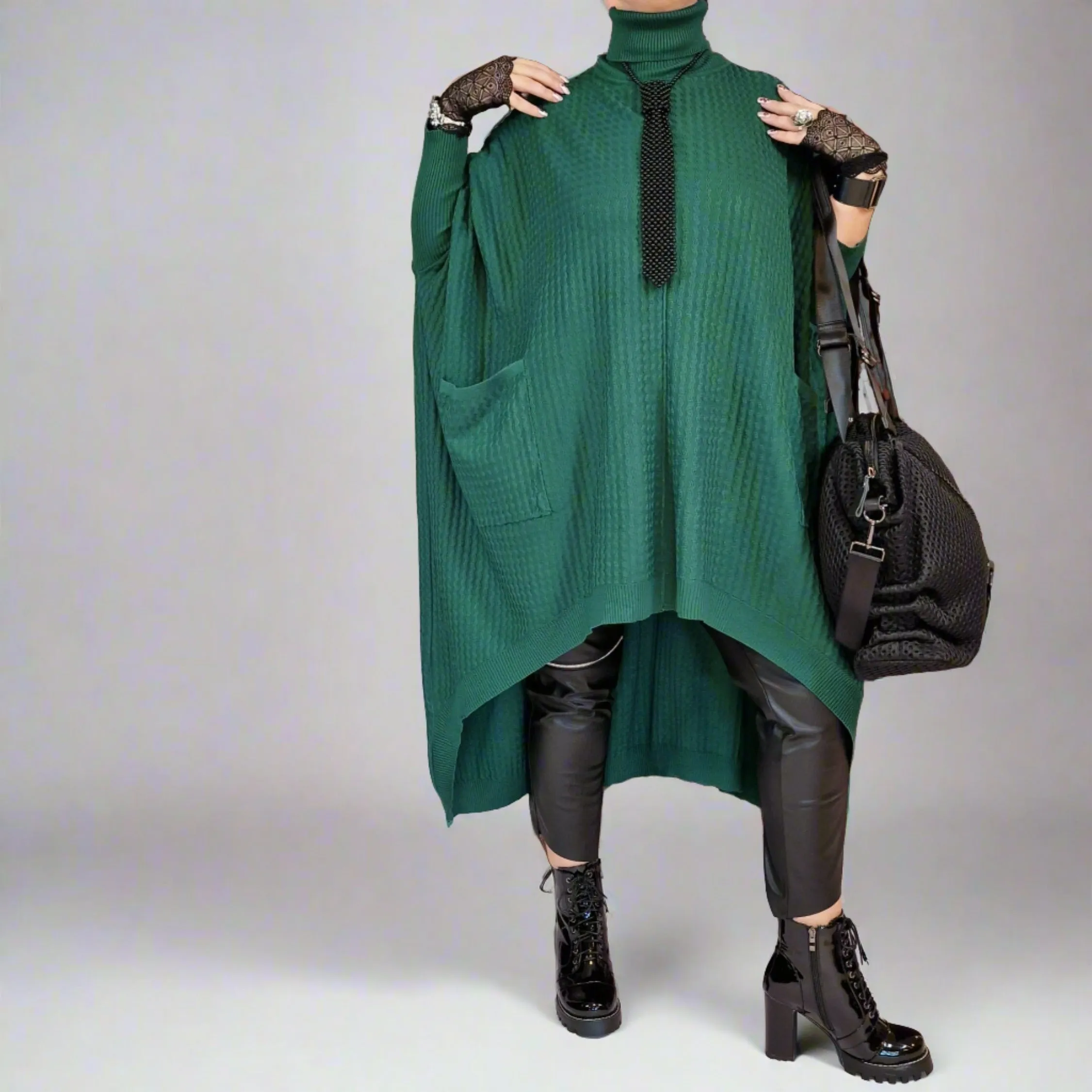 Asymmetrical Knitted Pullover Green Dress with Turtleneck