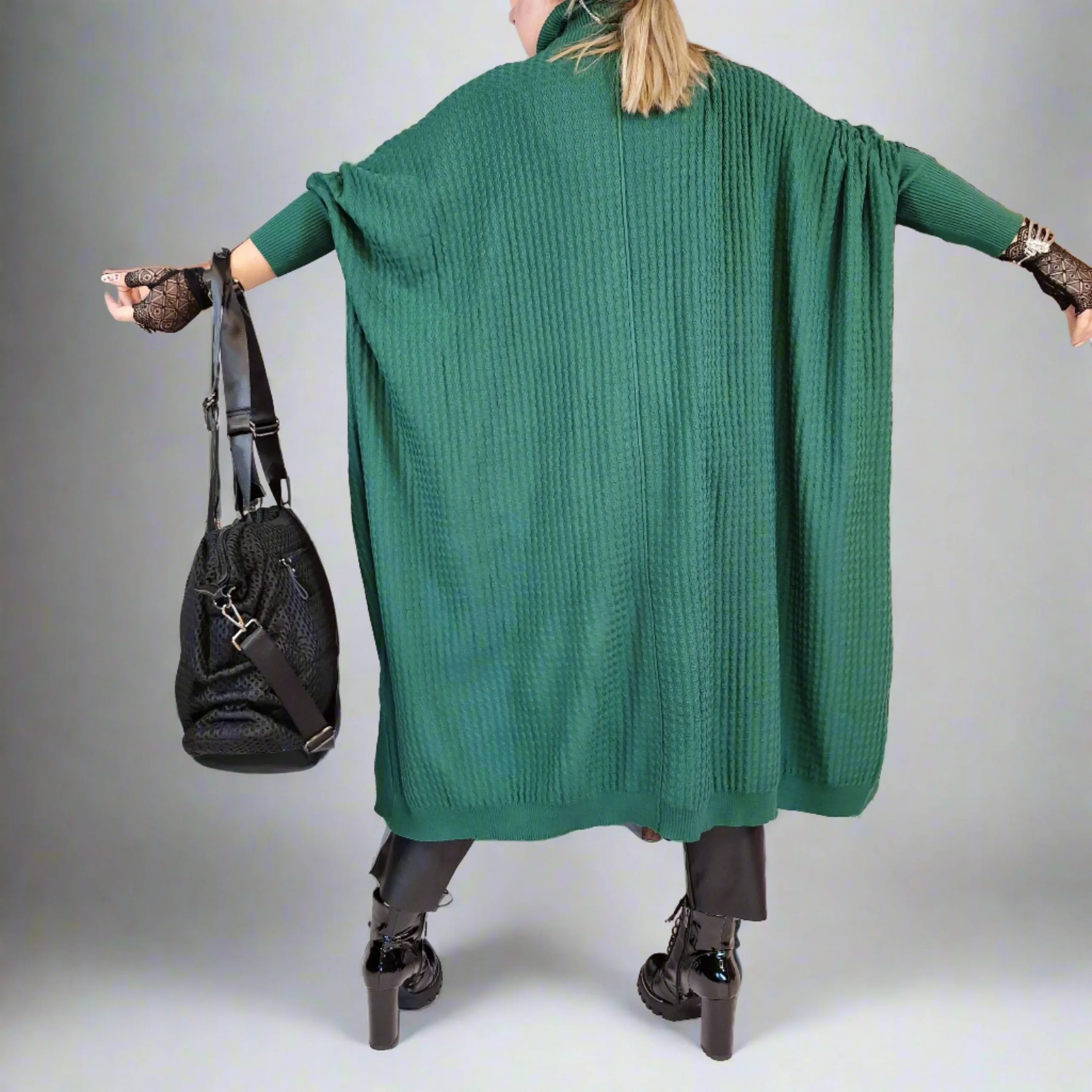 Asymmetrical Knitted Pullover Green Dress with Turtleneck