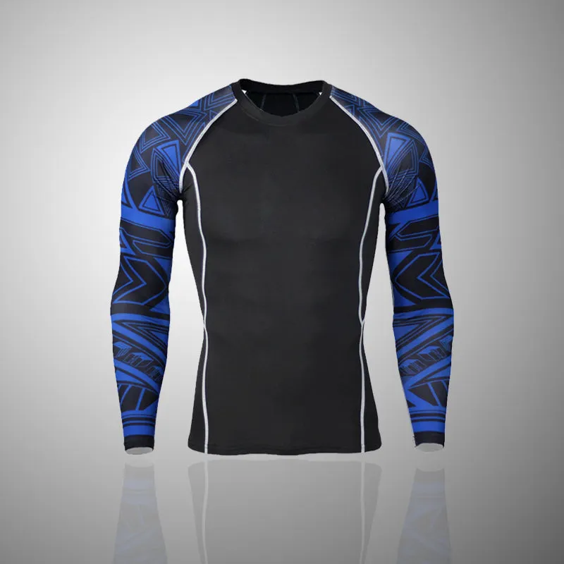 Azure Abstract Long Sleeve No Gi BJJ Compression Rash Guard & Leggings/Spats for Jiu Jitsu, MMA, Grappling and Wrestling Kit