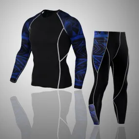 Azure Abstract Long Sleeve No Gi BJJ Compression Rash Guard & Leggings/Spats for Jiu Jitsu, MMA, Grappling and Wrestling Kit