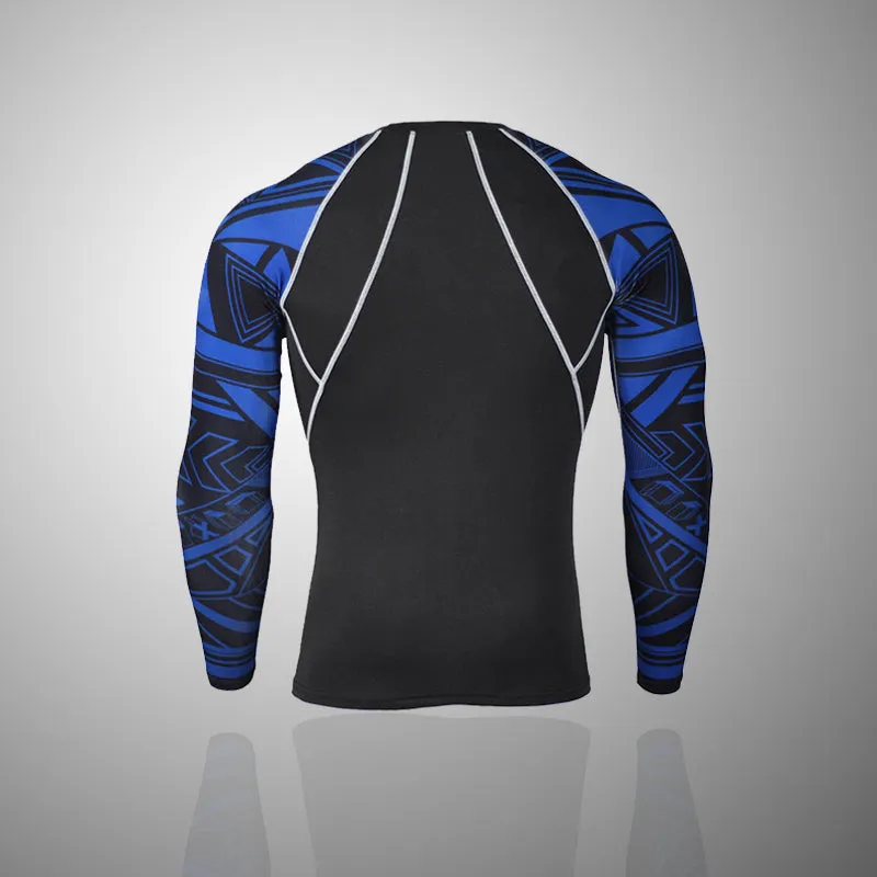 Azure Abstract Long Sleeve No Gi BJJ Compression Rash Guard & Leggings/Spats for Jiu Jitsu, MMA, Grappling and Wrestling Kit