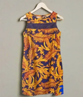 Blue & Yellow Leaf Print Linen Blend Dress