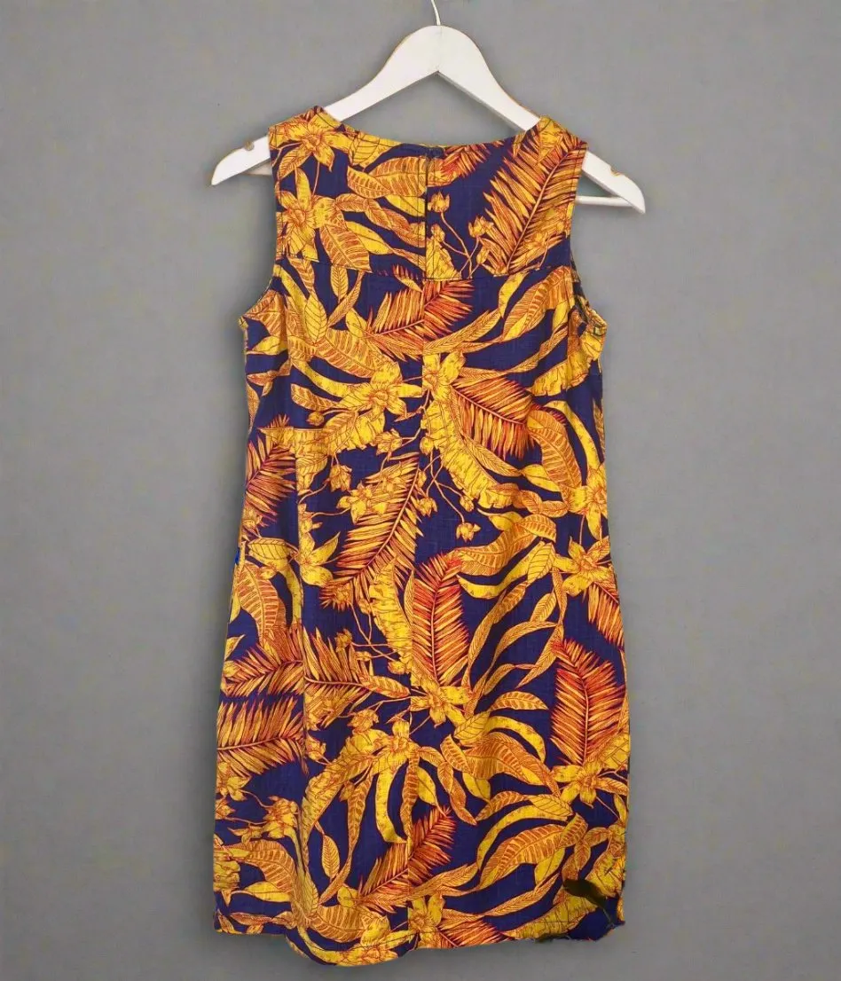 Blue & Yellow Leaf Print Linen Blend Dress