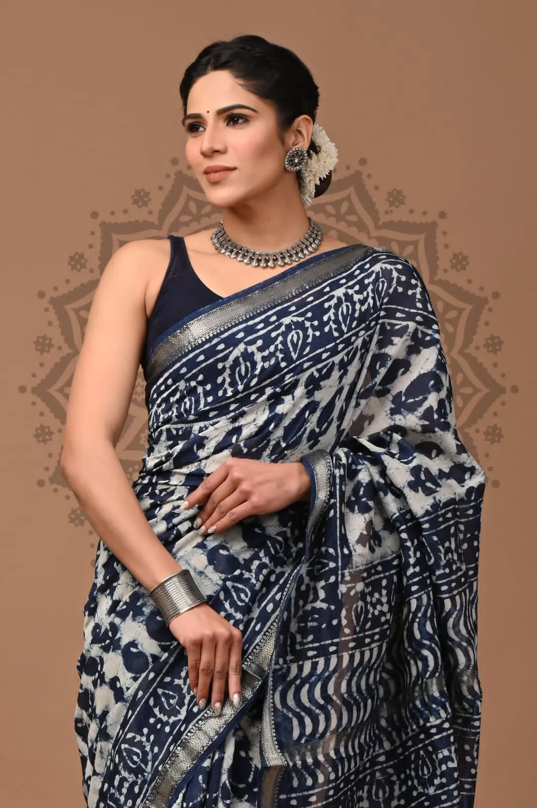 Blue Maheshwari Block Print Saree