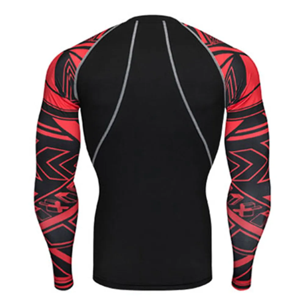 Crimson Abstract Long Sleeve No Gi BJJ Compression Rash Guard for Jiu Jitsu, MMA, Grappling and Wrestling