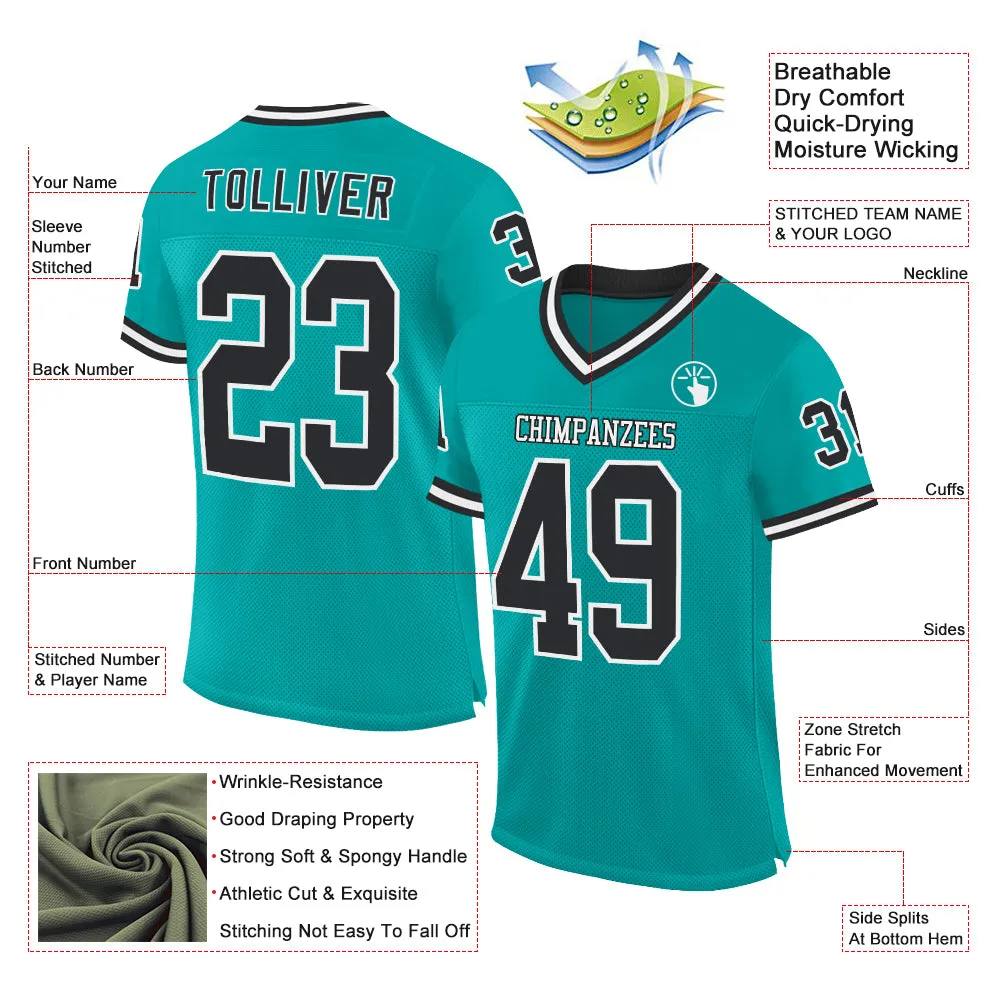 Custom Aqua Black-White Mesh Authentic Throwback Football Jersey