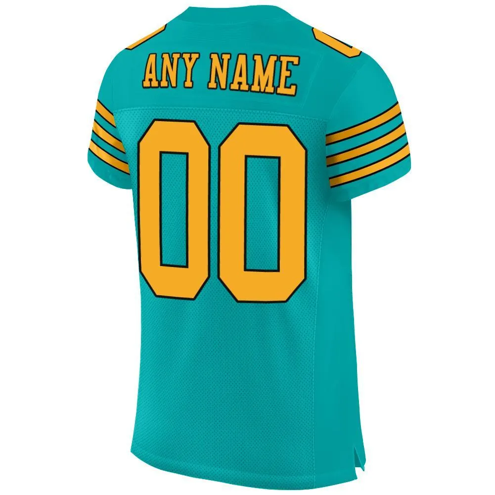 Custom Aqua Gold-Black Mesh Authentic Football Jersey