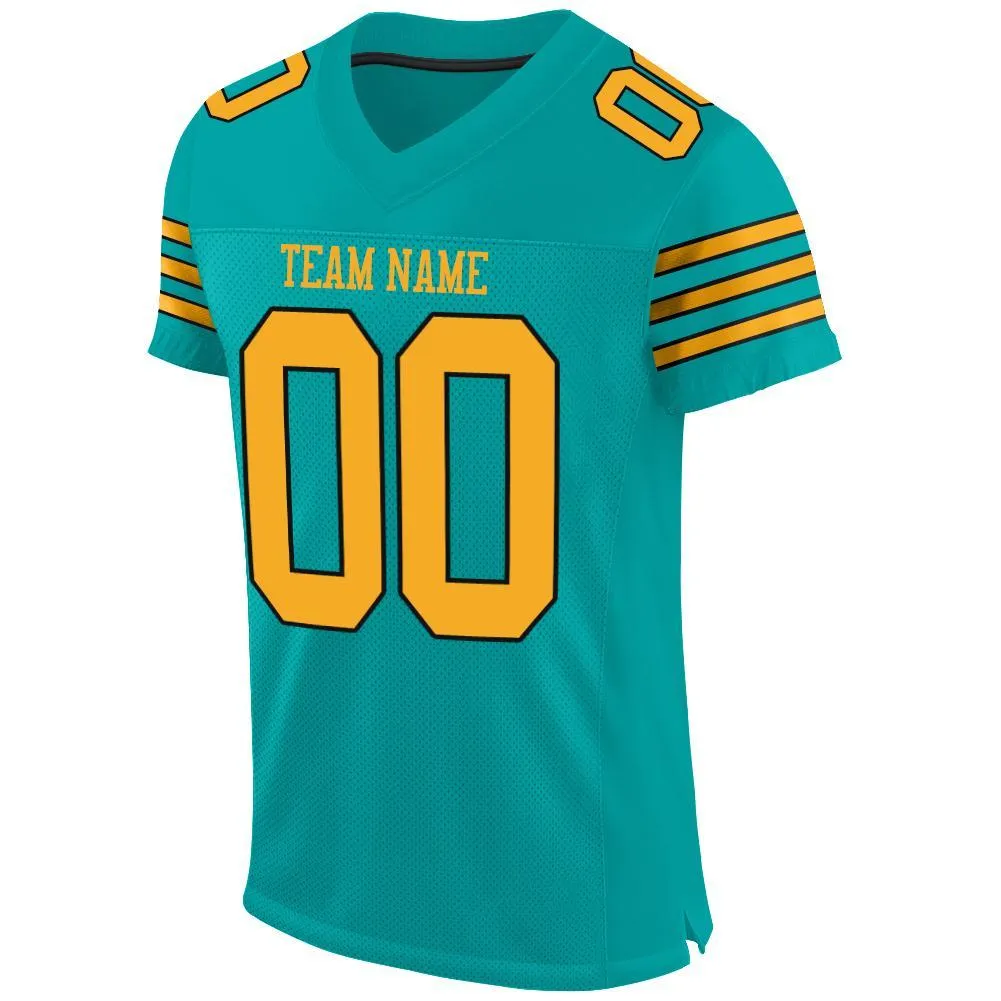 Custom Aqua Gold-Black Mesh Authentic Football Jersey