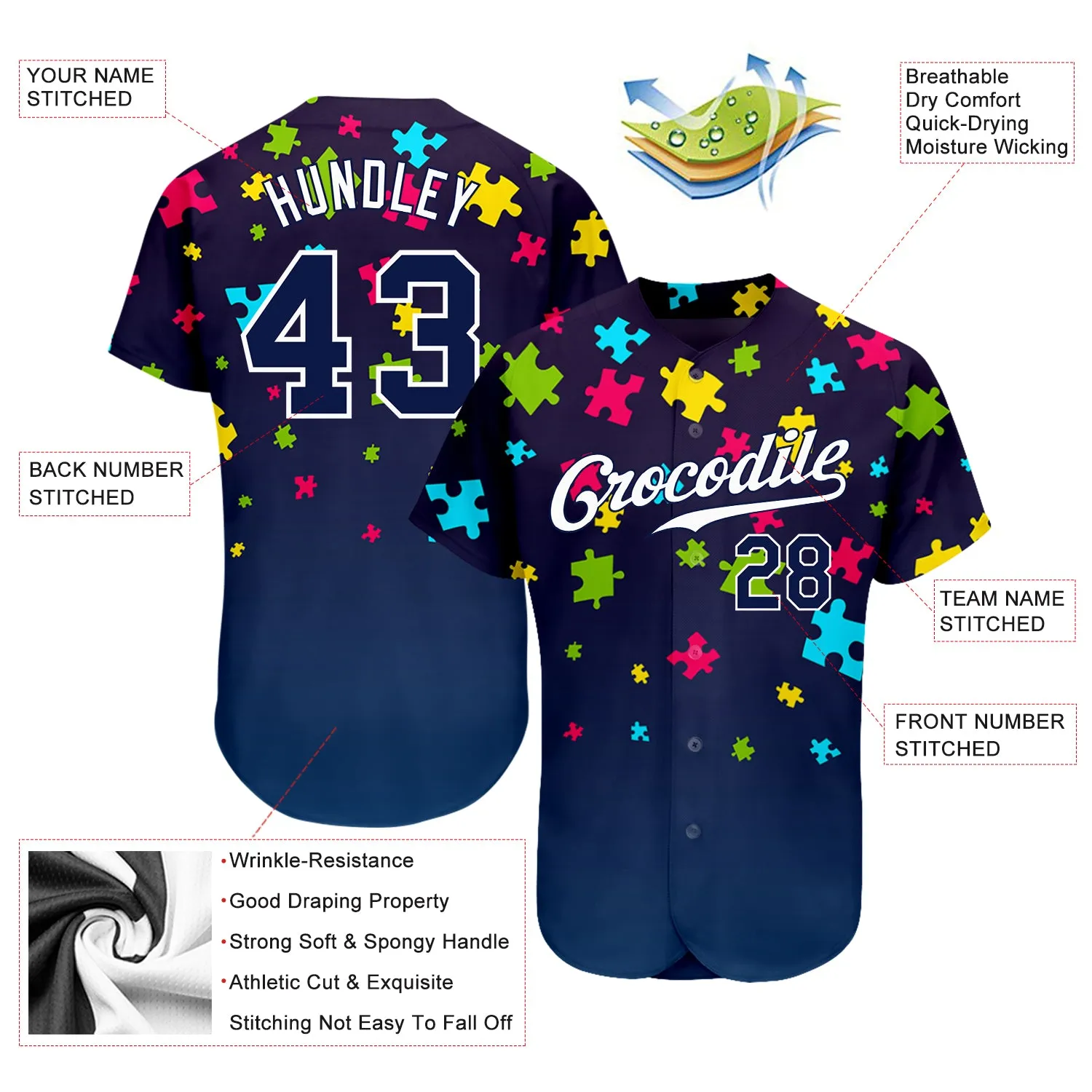 Custom Autism Awareness Puzzle Pieces Navy-White 3D Authentic Baseball Jersey