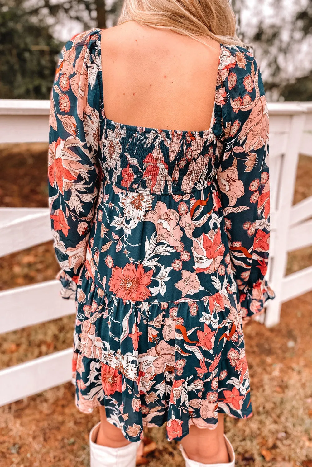 Dark Blue Floral Smocked Tiered Ruffle Puff Sleeve Short Dress