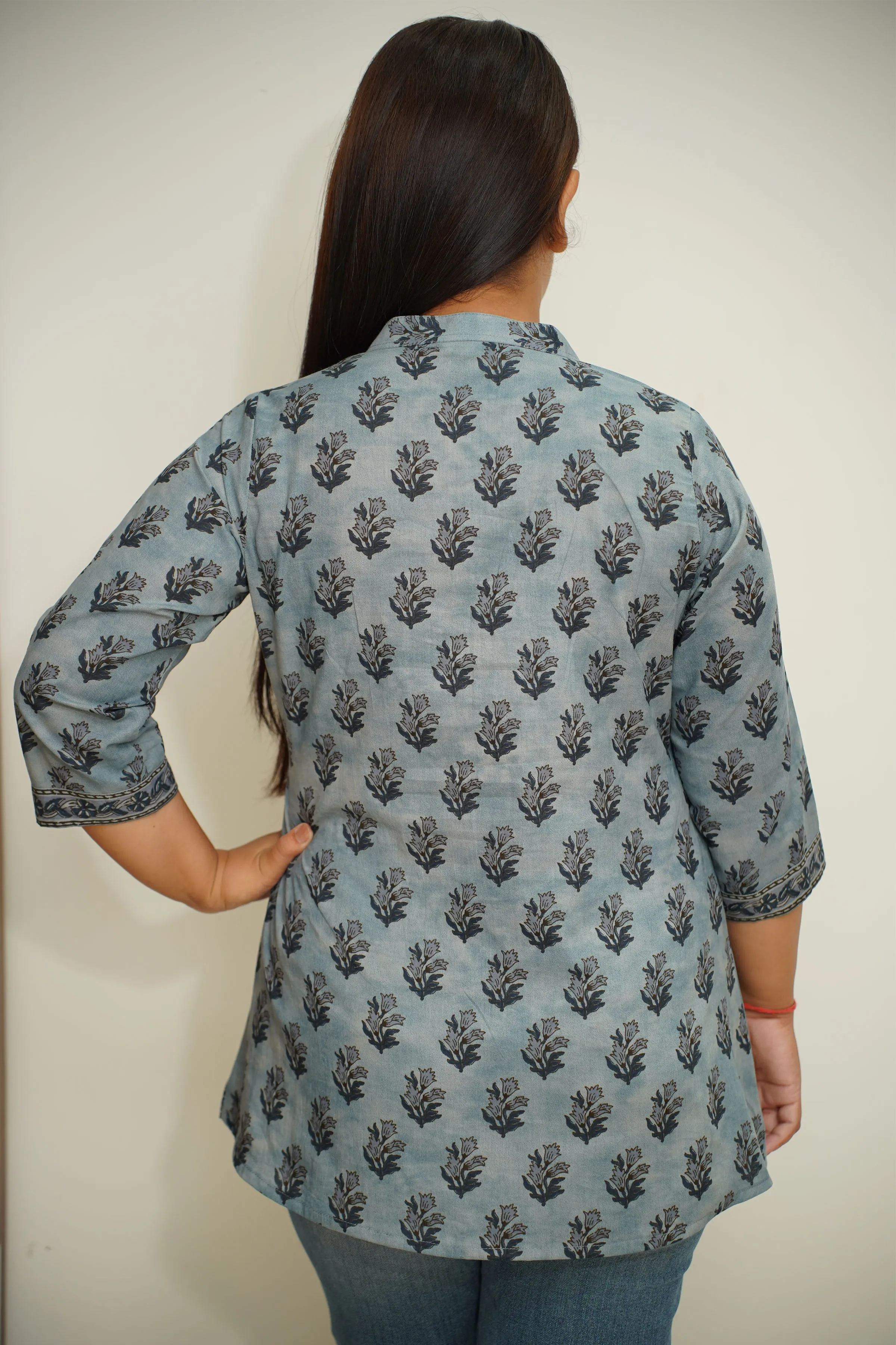 Denim Blue Printed Short Kurta