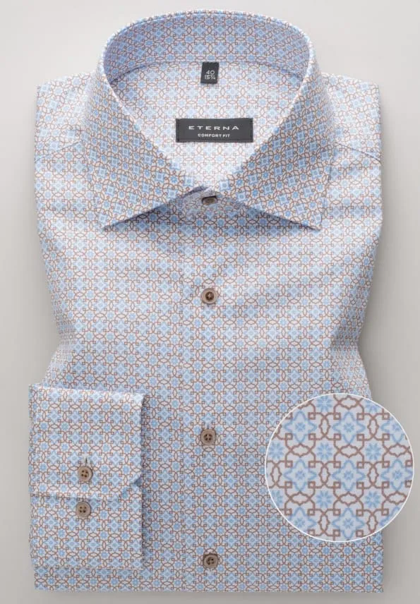 Eterna Twill Blue & Brown Print Shirt Blue