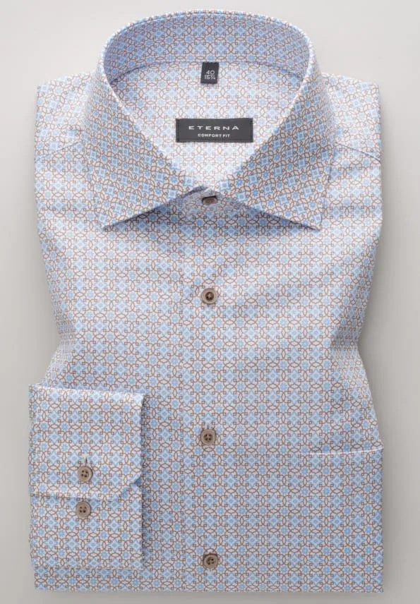 Eterna Twill Blue & Brown Print Shirt Blue