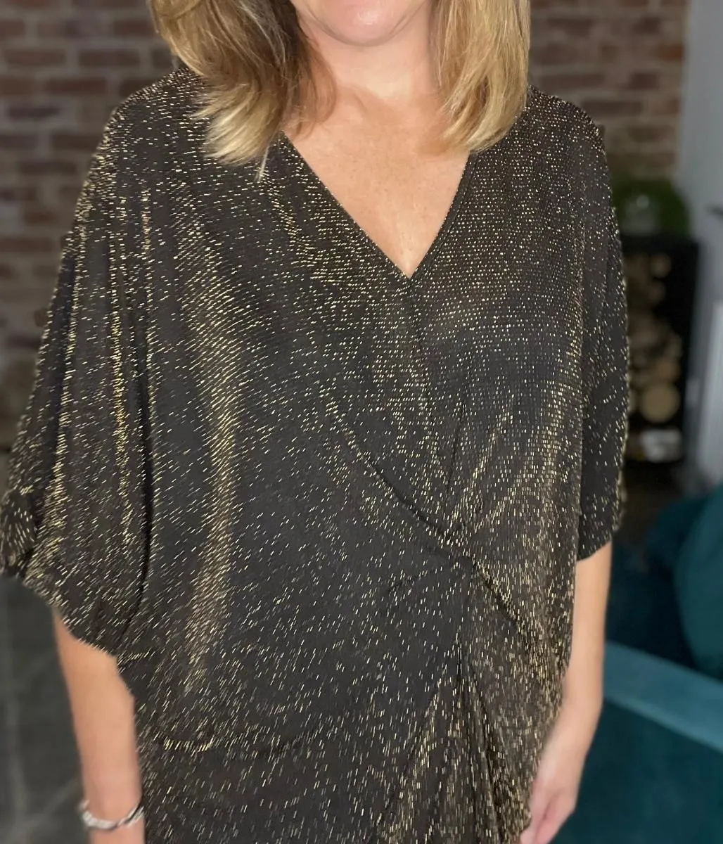 Gold Glitter Twist Front Batwing Top