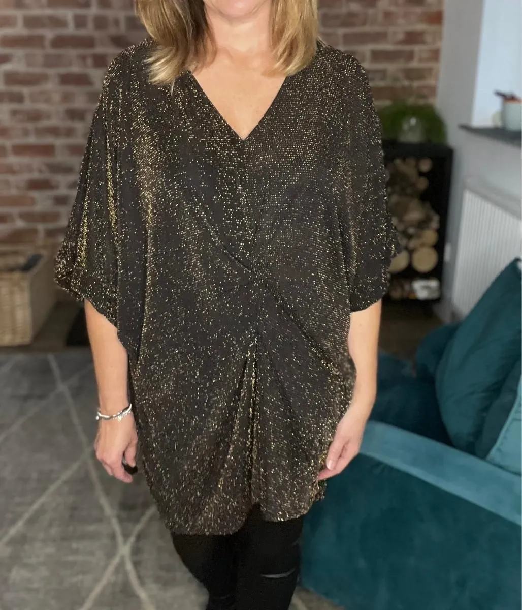 Gold Glitter Twist Front Batwing Top