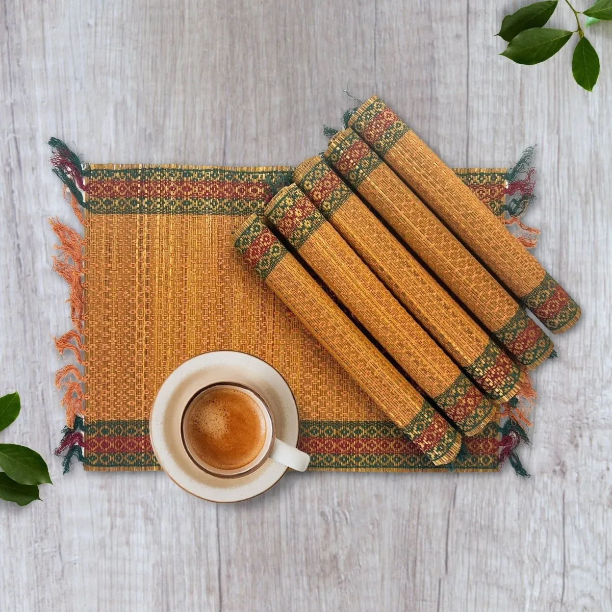 Handmade Dining Table Mats in Rust and Green (Set of 2/4/6) | Eco Friendly Tableware Sustainably Handwoven from Natural Grass