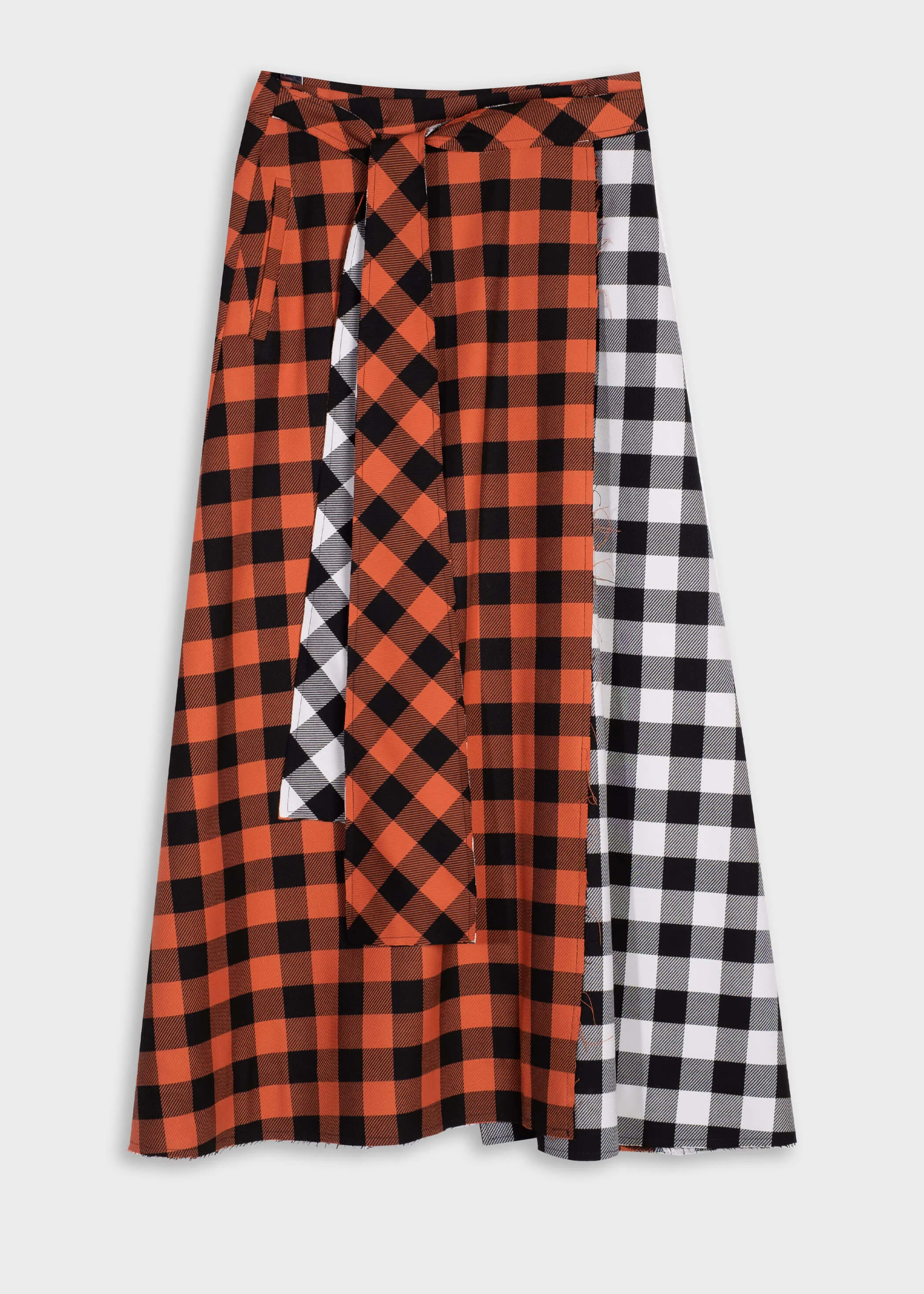 KARA Checked Colour-block Wrap Skirt - Orange