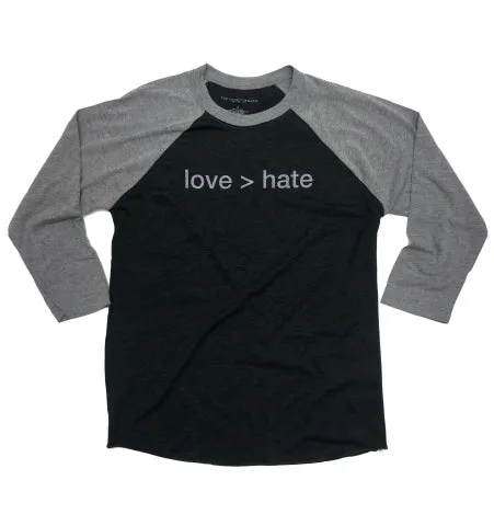 'love > hate' Unisex Baseball Tee - Black/Grey