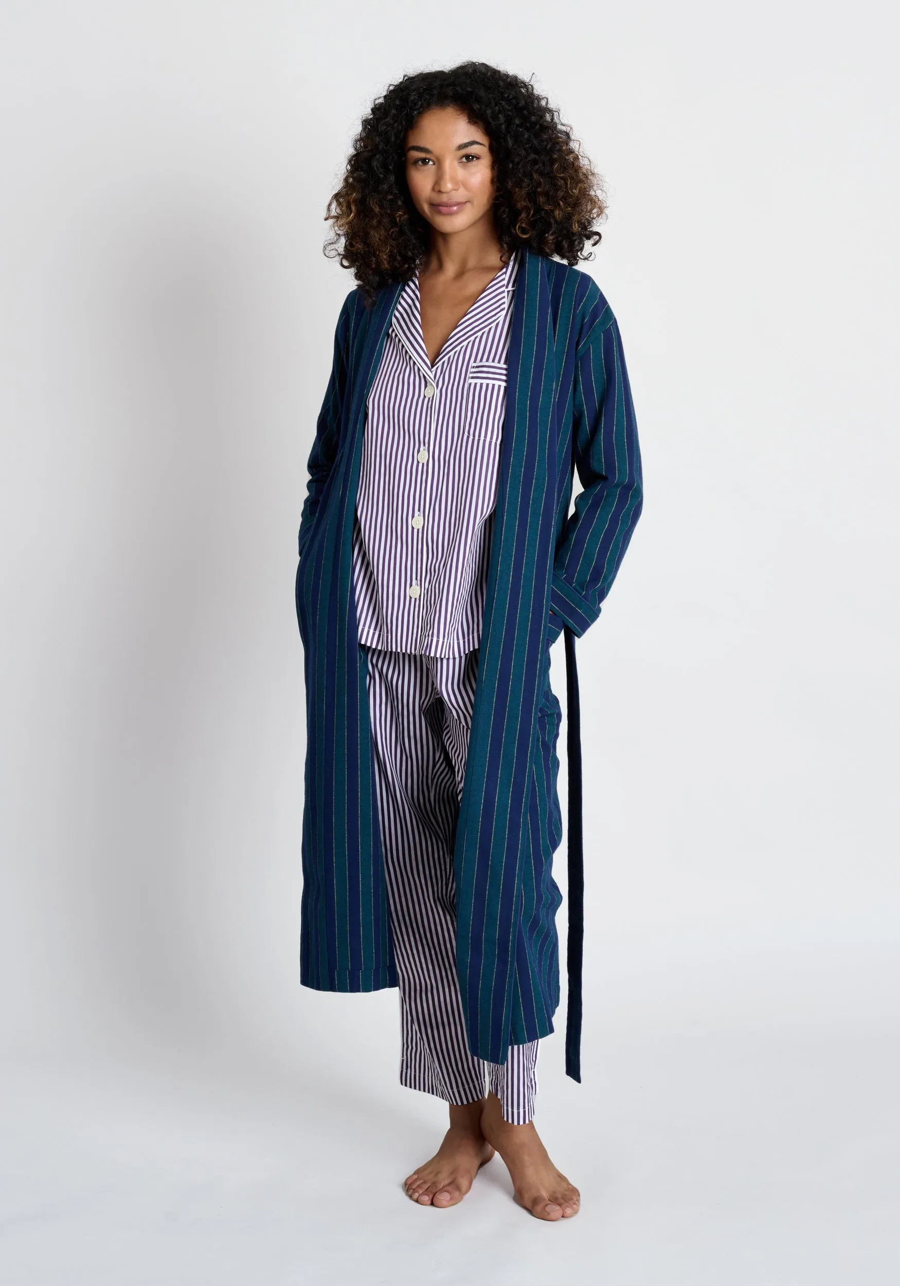 Marianne Long Robe in Green, Navy, and Gold Flannel Stripe