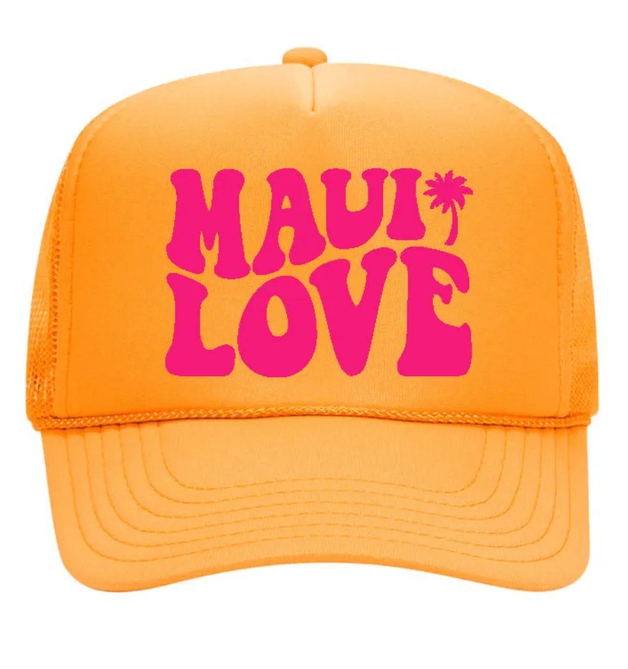 MAUI LOVE Foam Trucker Hat - Gold   Neon Pink