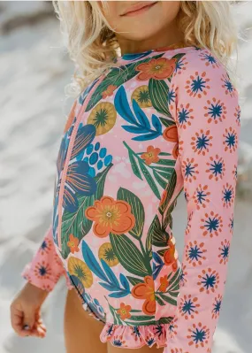 Pink Tropical Zip Rash Guard Swimsuit