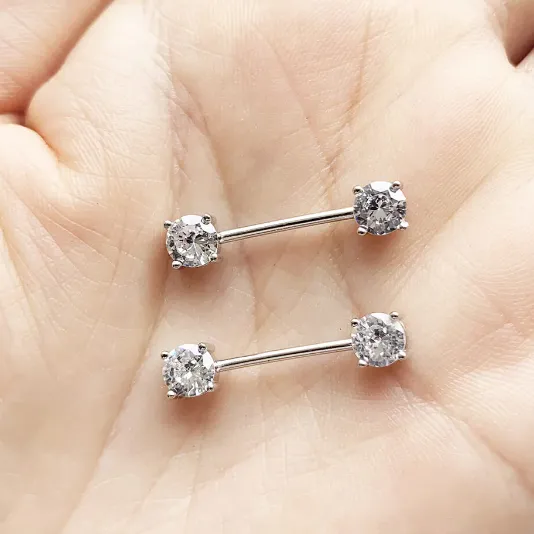 Prong Set Front Double CZ Nipple Barbell