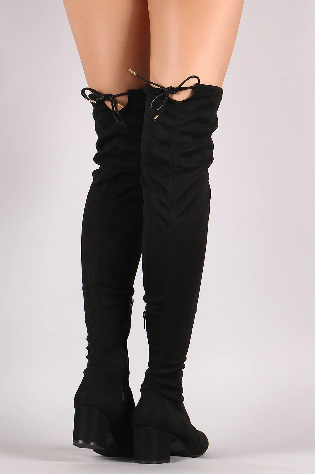 Qupid Suede Drawstring Tie Block Heeled Over-The-Knee Boots