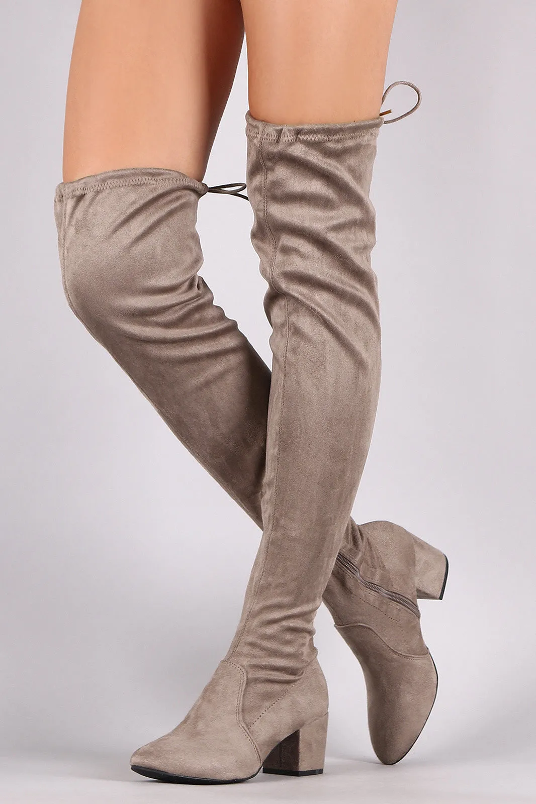 Qupid Suede Drawstring Tie Block Heeled Over-The-Knee Boots