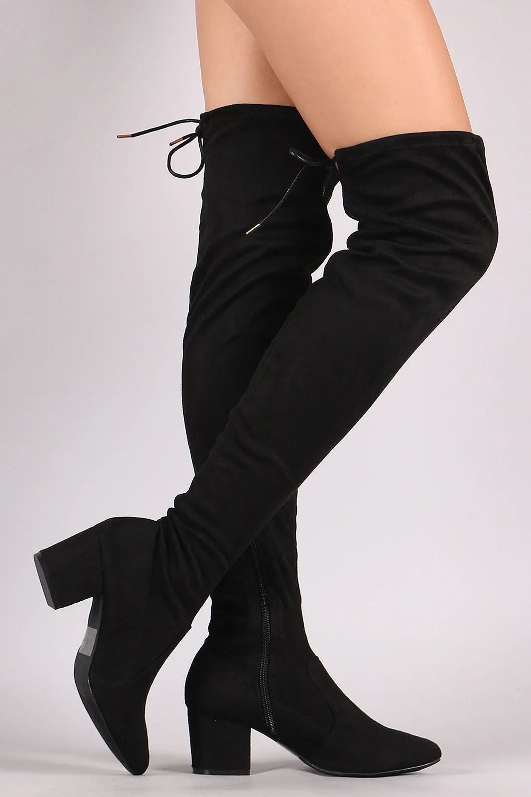 Qupid Suede Drawstring Tie Block Heeled Over-The-Knee Boots