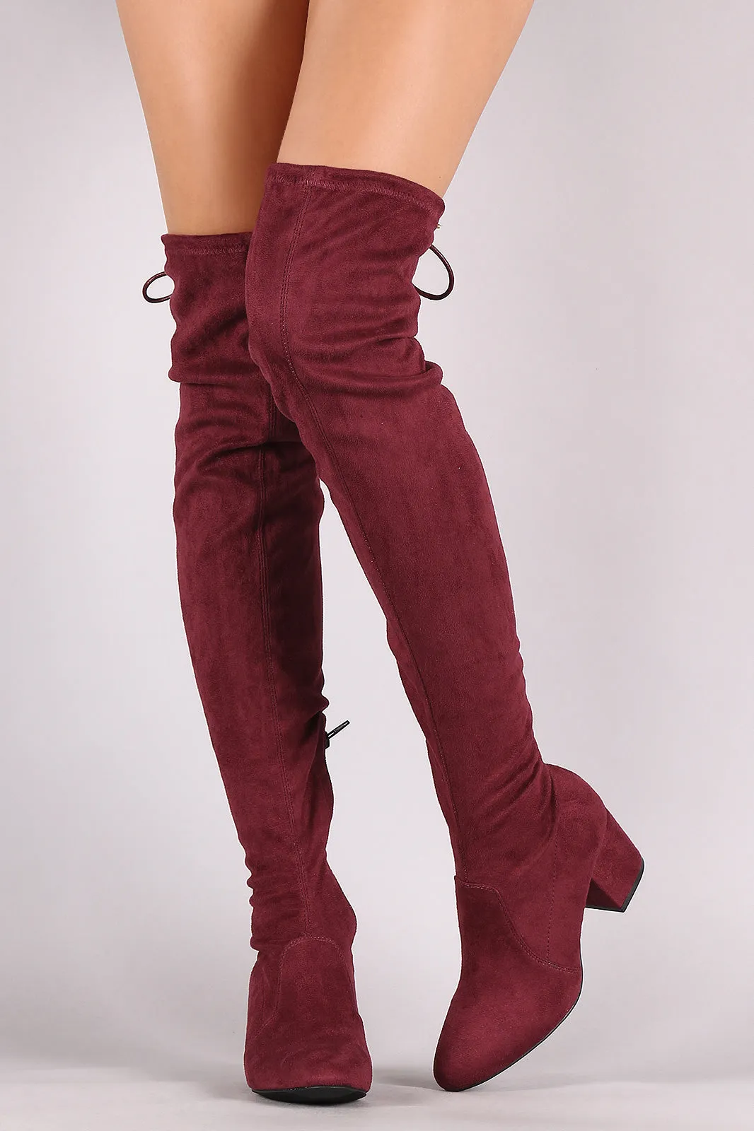 Qupid Suede Drawstring Tie Block Heeled Over-The-Knee Boots