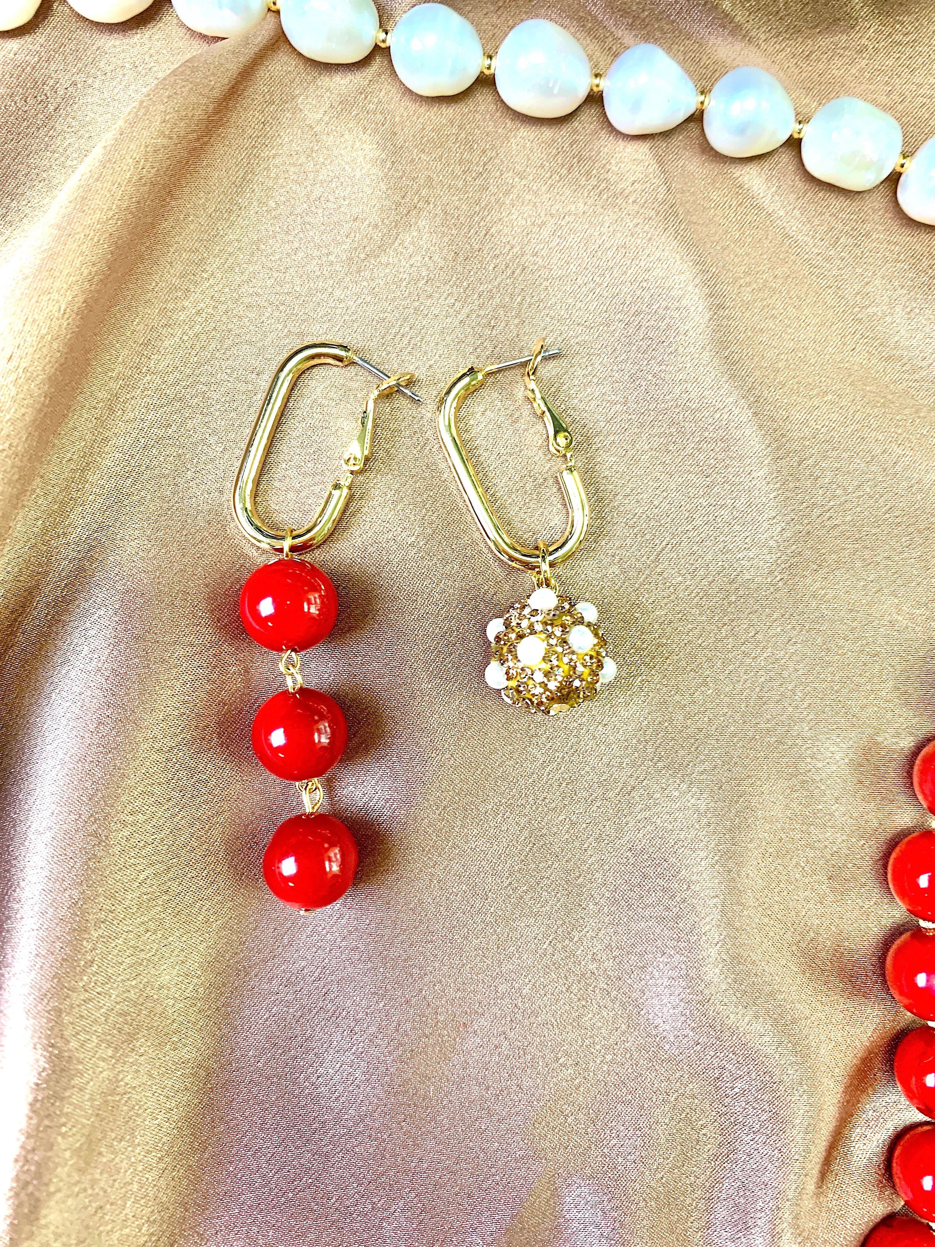 Red Coral With Rhinestones Asymmetric Earrings FE004