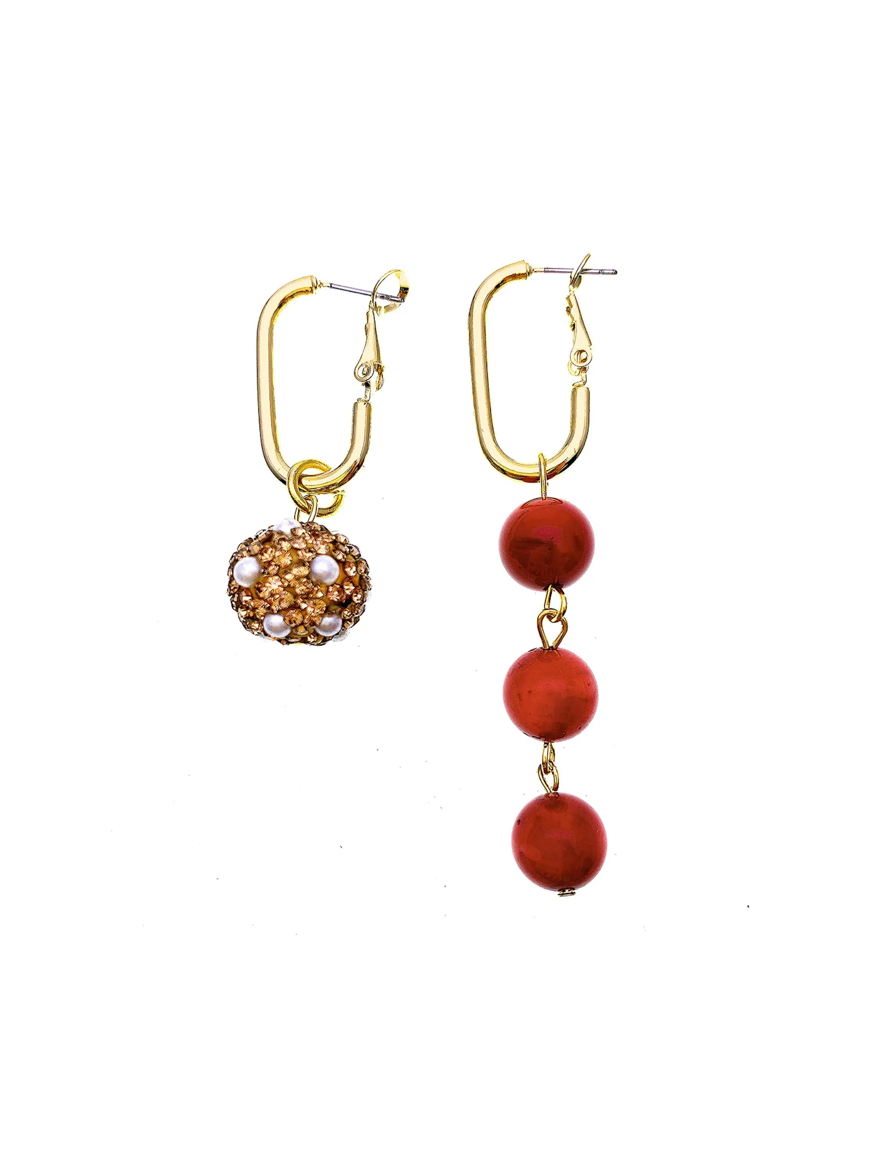 Red Coral With Rhinestones Asymmetric Earrings FE004