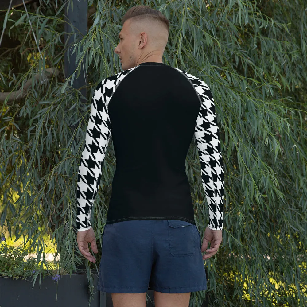 Refined Defense: Men's Long Sleeve Classic Jiu-Jitsu BJJ Houndstooth Rashie Noir