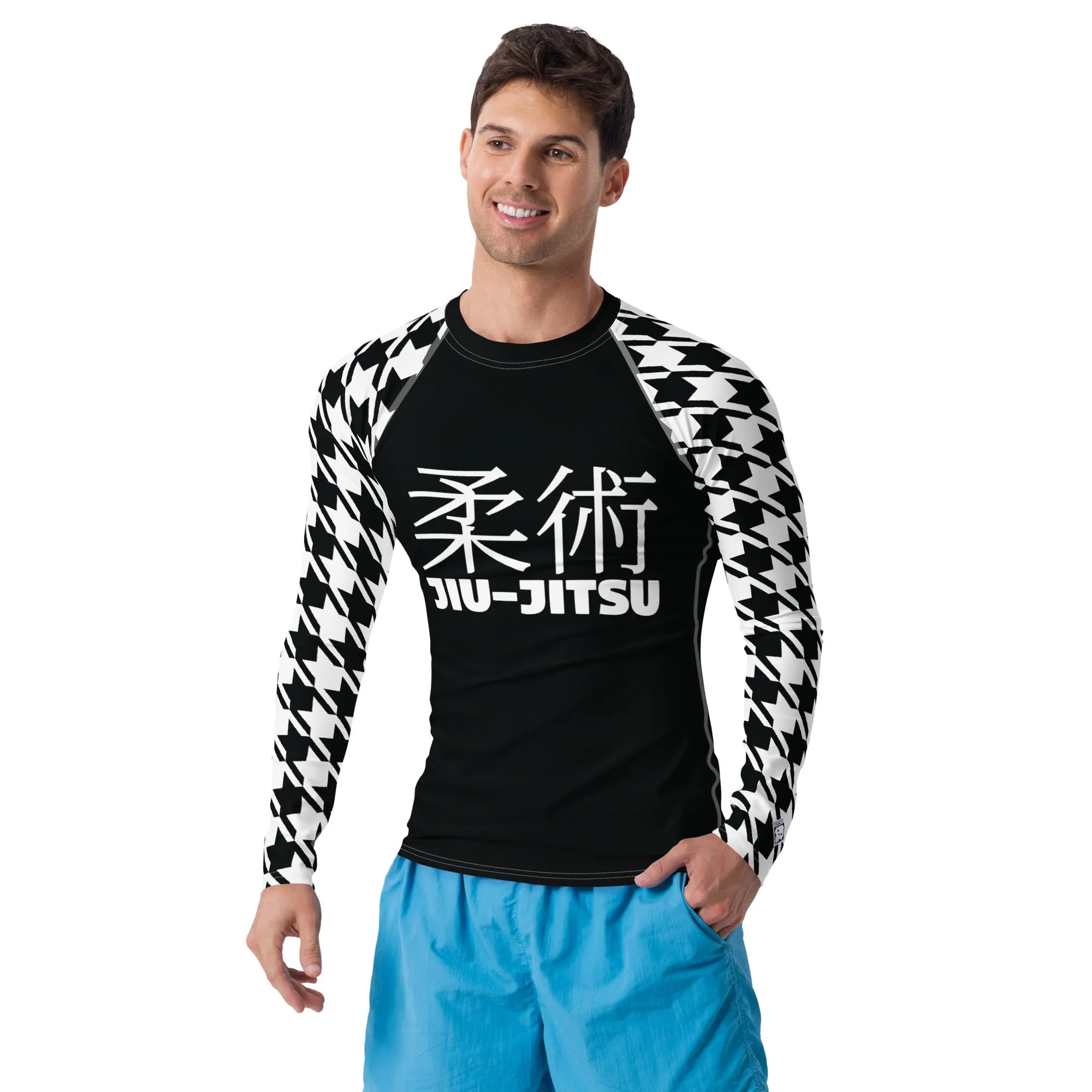 Refined Defense: Men's Long Sleeve Classic Jiu-Jitsu BJJ Houndstooth Rashie Noir