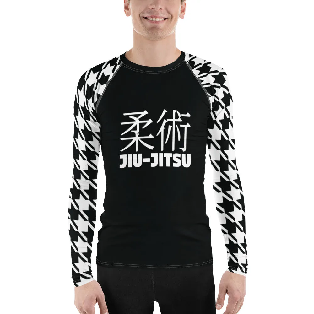 Refined Defense: Men's Long Sleeve Classic Jiu-Jitsu BJJ Houndstooth Rashie Noir