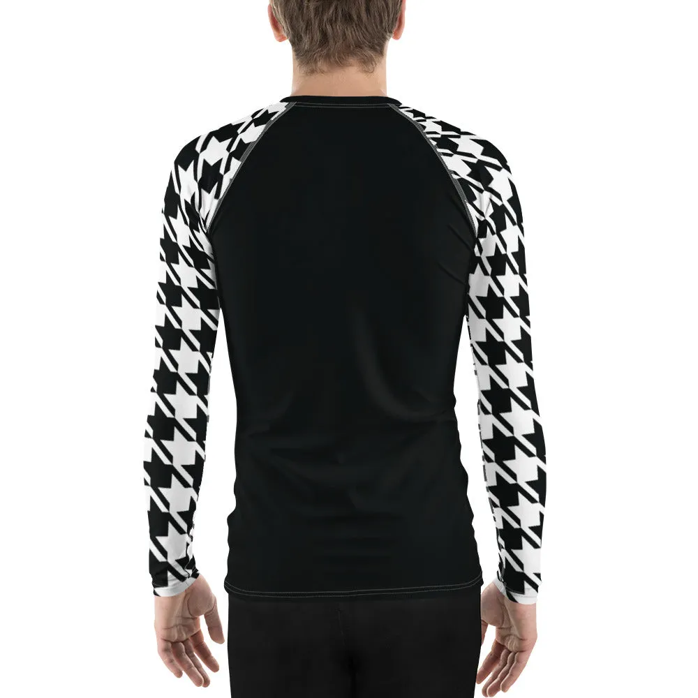 Refined Defense: Men's Long Sleeve Classic Jiu-Jitsu BJJ Houndstooth Rashie Noir