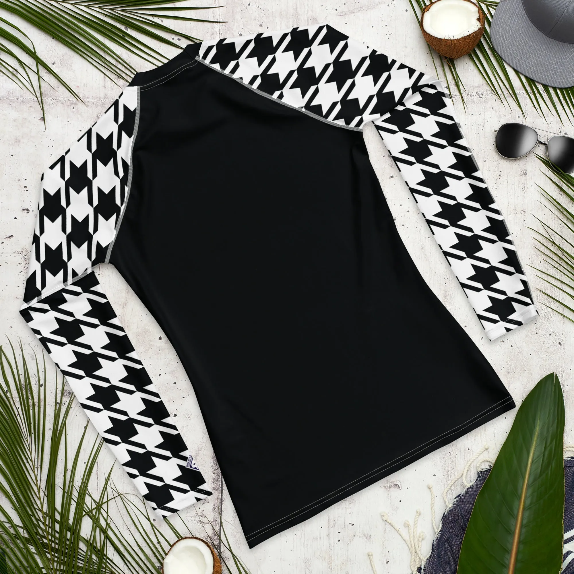 Refined Defense: Men's Long Sleeve Classic Jiu-Jitsu BJJ Houndstooth Rashie Noir