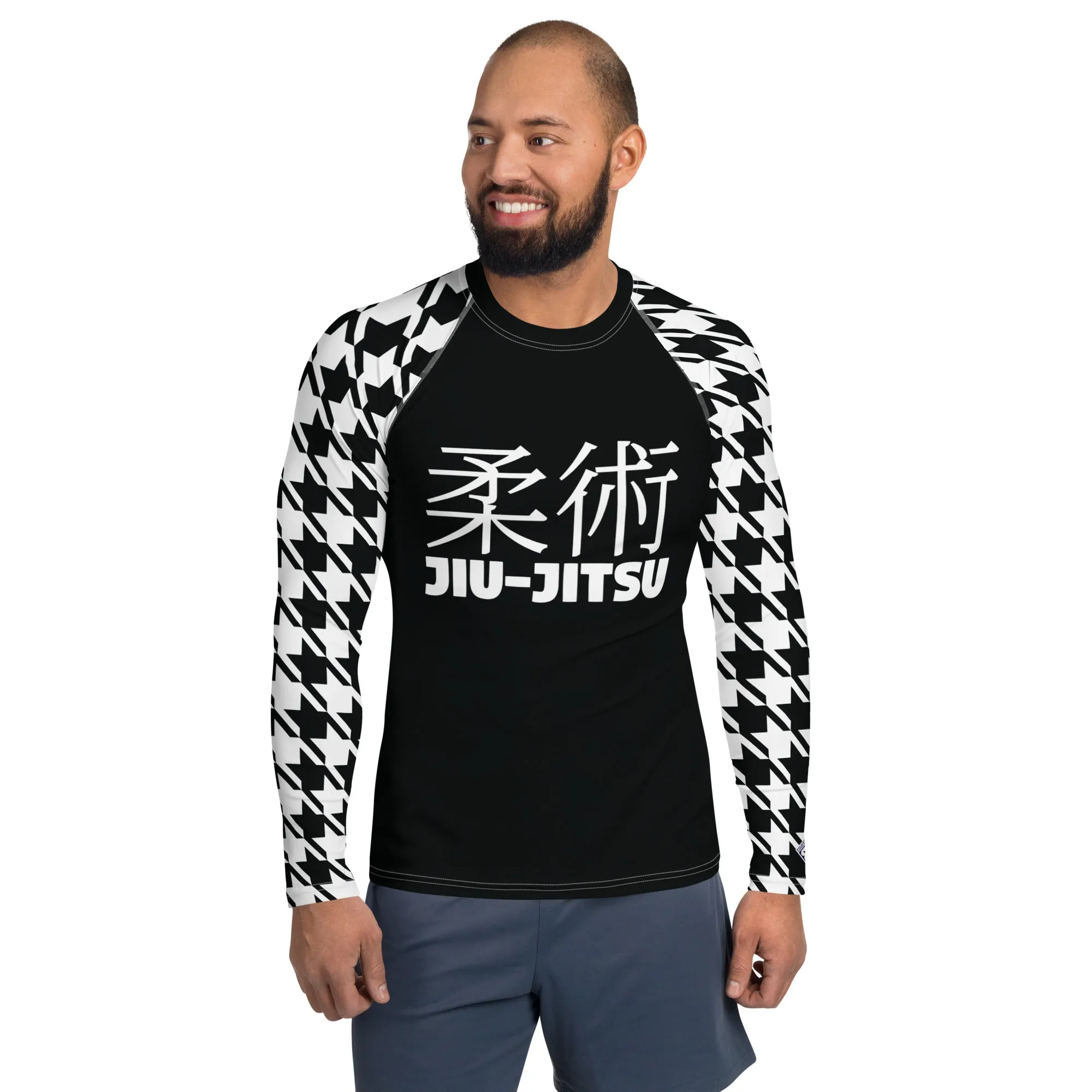 Refined Defense: Men's Long Sleeve Classic Jiu-Jitsu BJJ Houndstooth Rashie Noir