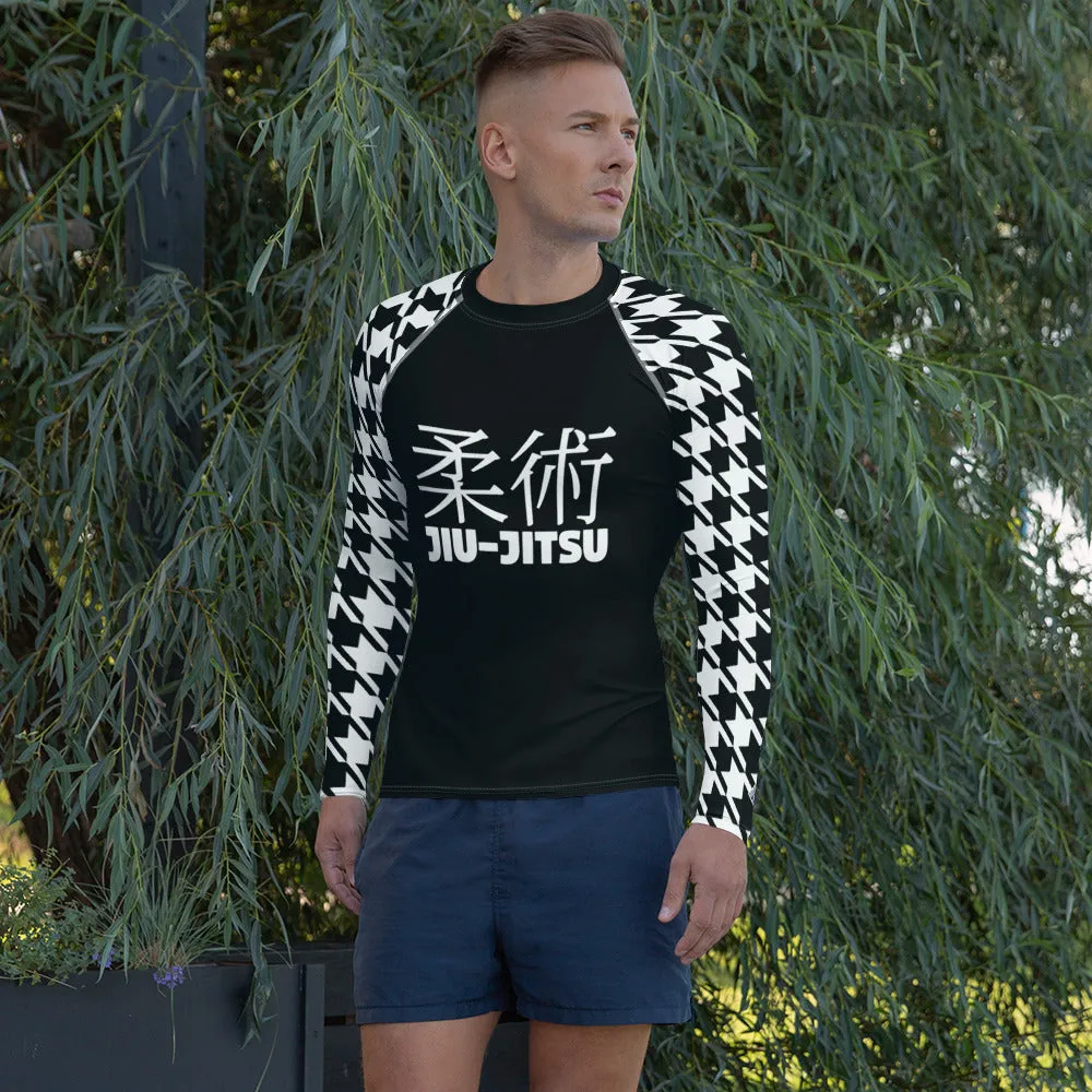 Refined Defense: Men's Long Sleeve Classic Jiu-Jitsu BJJ Houndstooth Rashie Noir