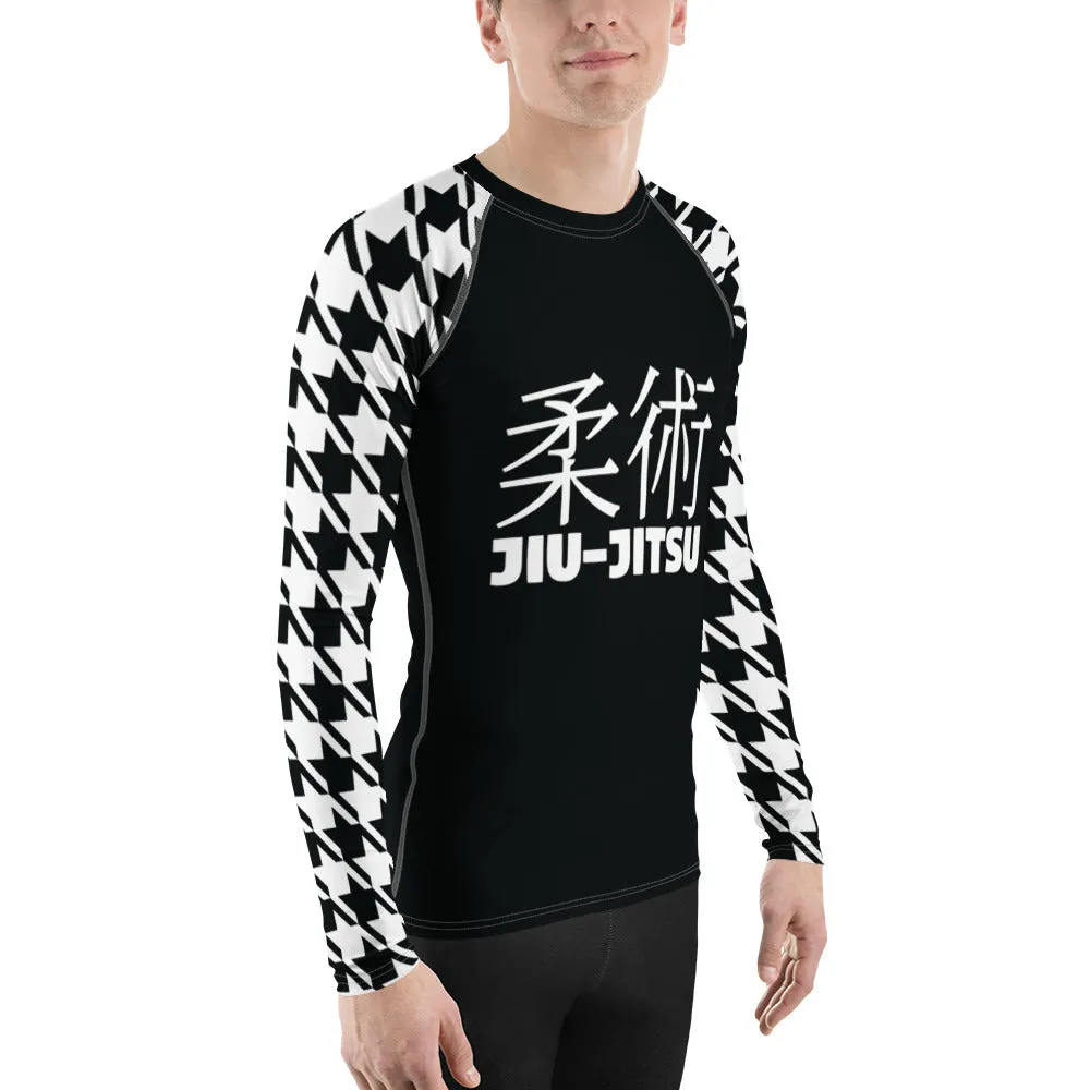 Refined Defense: Men's Long Sleeve Classic Jiu-Jitsu BJJ Houndstooth Rashie Noir