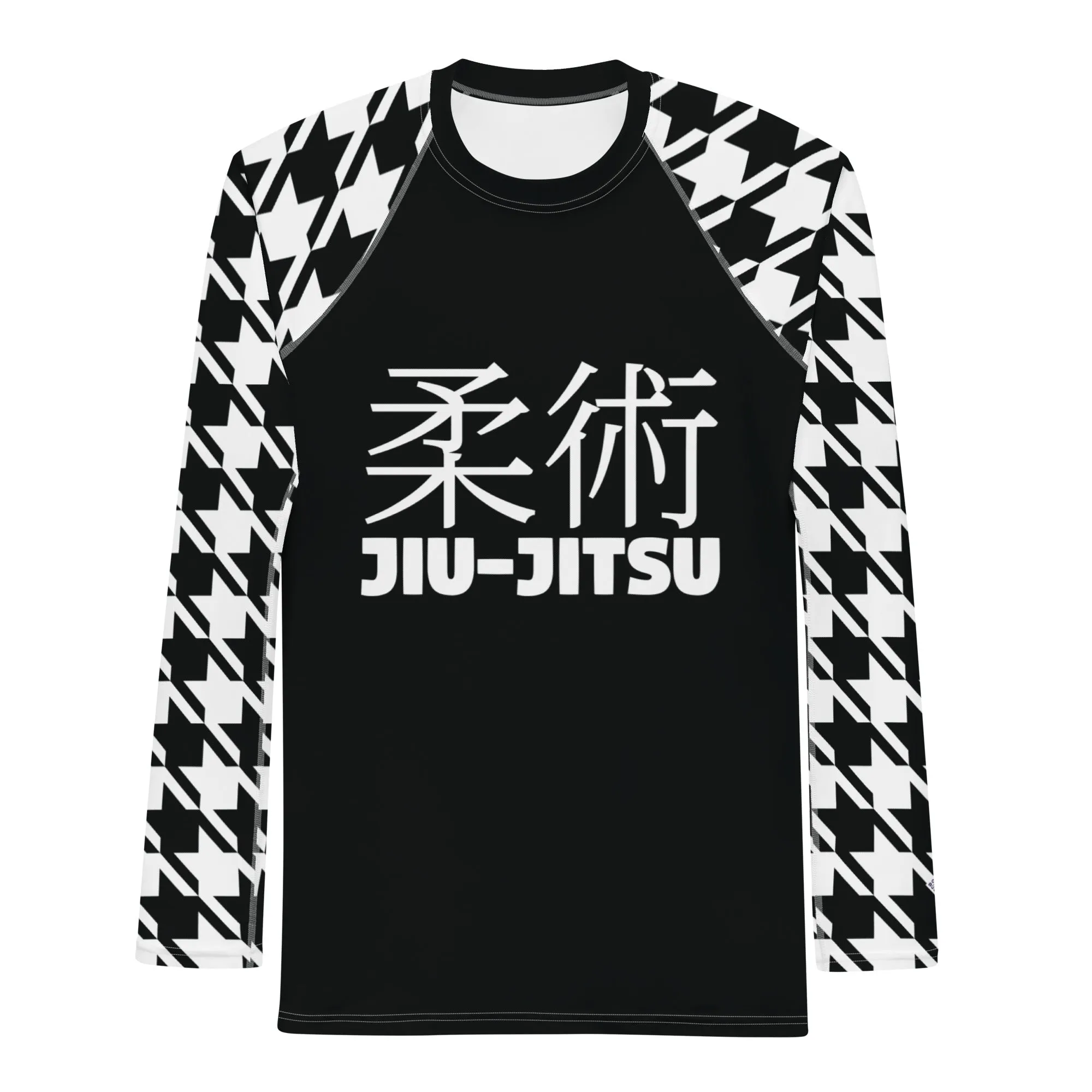 Refined Defense: Men's Long Sleeve Classic Jiu-Jitsu BJJ Houndstooth Rashie Noir