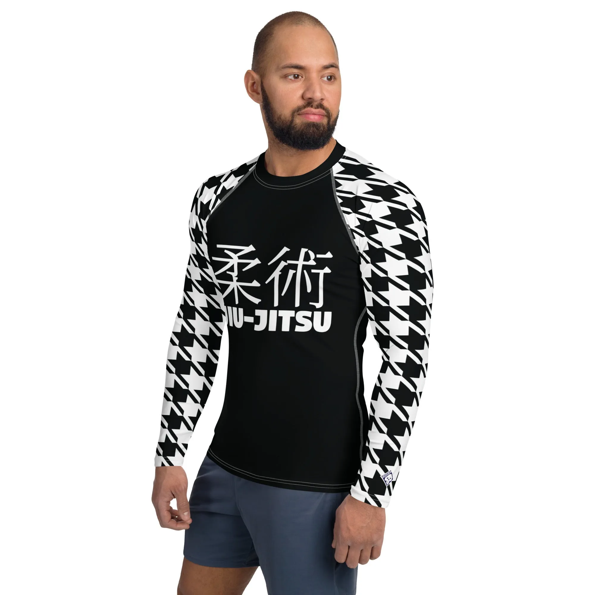 Refined Defense: Men's Long Sleeve Classic Jiu-Jitsu BJJ Houndstooth Rashie Noir