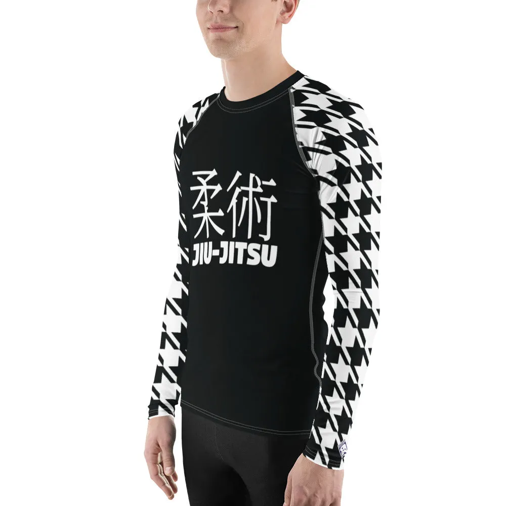 Refined Defense: Men's Long Sleeve Classic Jiu-Jitsu BJJ Houndstooth Rashie Noir